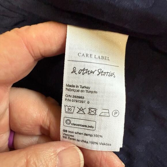 & other stories Navy Blue jacquard animal print satin Wrap Peplum blouse Sz 4 - Picture 8 of 13